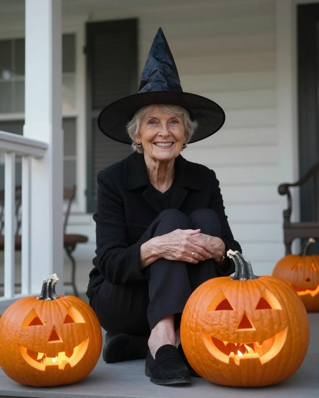 Smiling elderly woman in a black witch hat sits on a porch between glowing carved Halloween pumpkins.