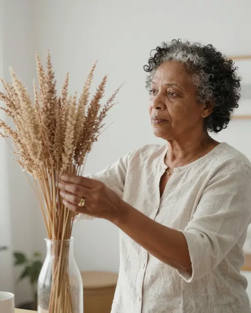 An older mixed-race woman arranges dried grasses in a glass vase in a bright home room