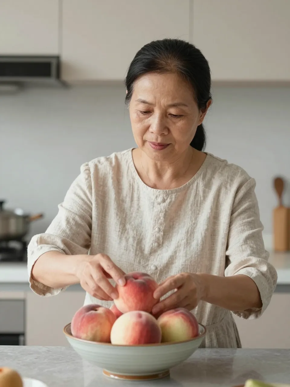 A senior Southeast Asian woman places a peach into a ceramic bowl on a kitchen countertop.
