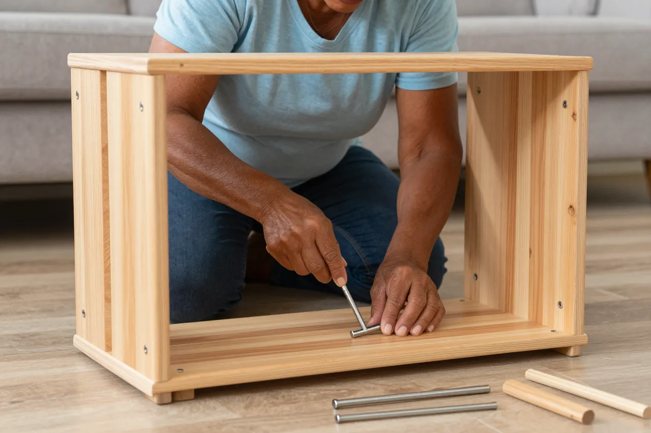 A senior Pacific Islander woman uses an Allen key to assemble a wooden shelf on a living room floor