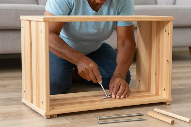 A senior Pacific Islander woman uses an Allen key to assemble a wooden shelf on a living room floor