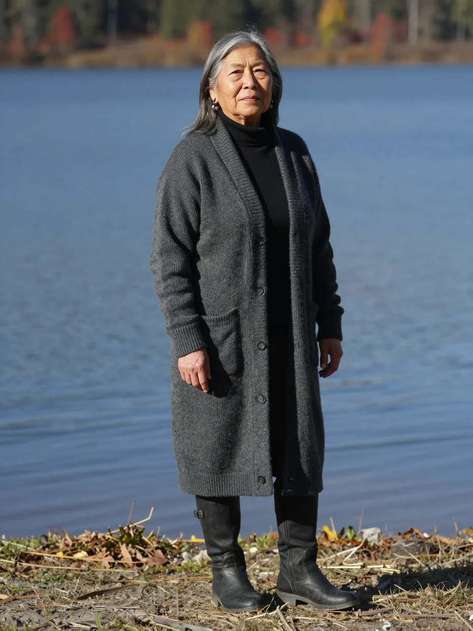 An older Indigenous woman stands on a lakeshore wearing a long charcoal cardigan, black turtleneck, and black boots.