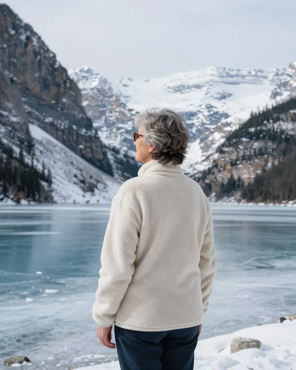 Older mixed-race woman in a cream fleece stands viewing a frozen alpine lake and snow-covered peaks