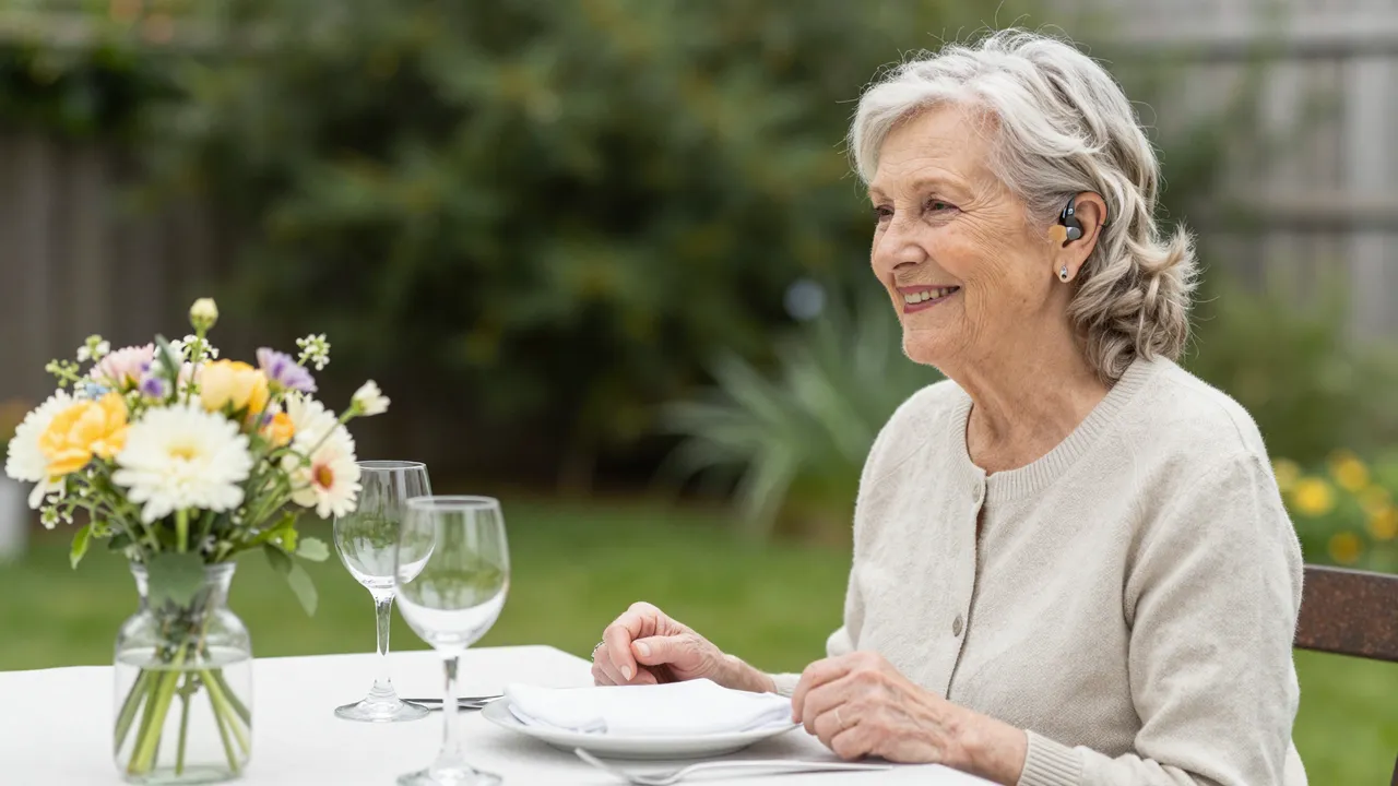 Smiling senior woman with a hearing aid sits at a garden patio table with a flower arrangement and dining settings