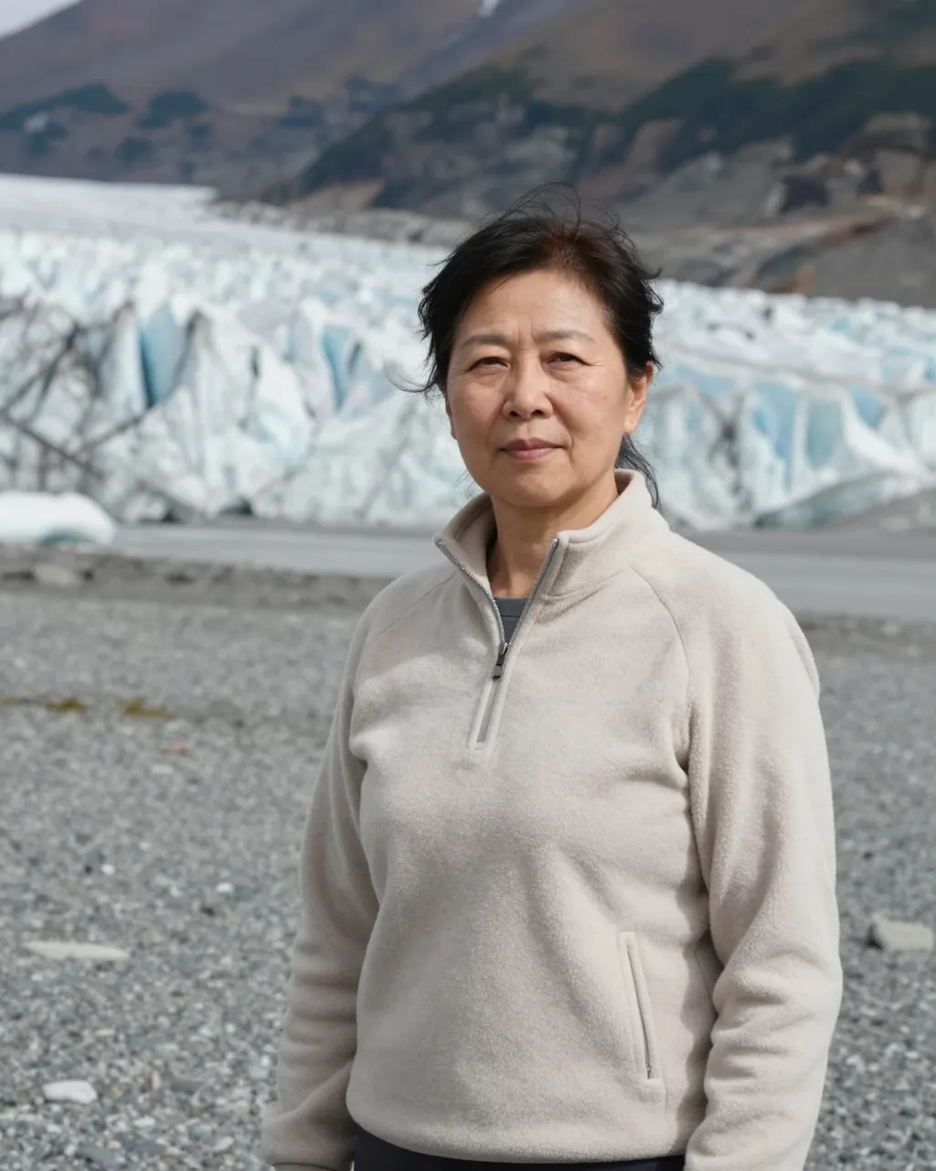 An East Asian woman in her sixties stands on gravel at the edge of a blue-tinged glacier