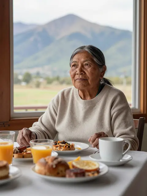 An older Indigenous woman sits at a breakfast table with pastries, juice and coffee, with mountains visible out a nearby