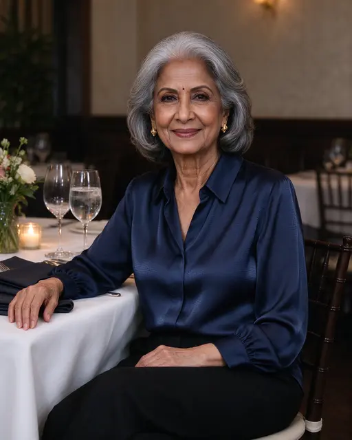 Elegant South Asian senior woman sits at a formal restaurant dining table smiling softly at the camera