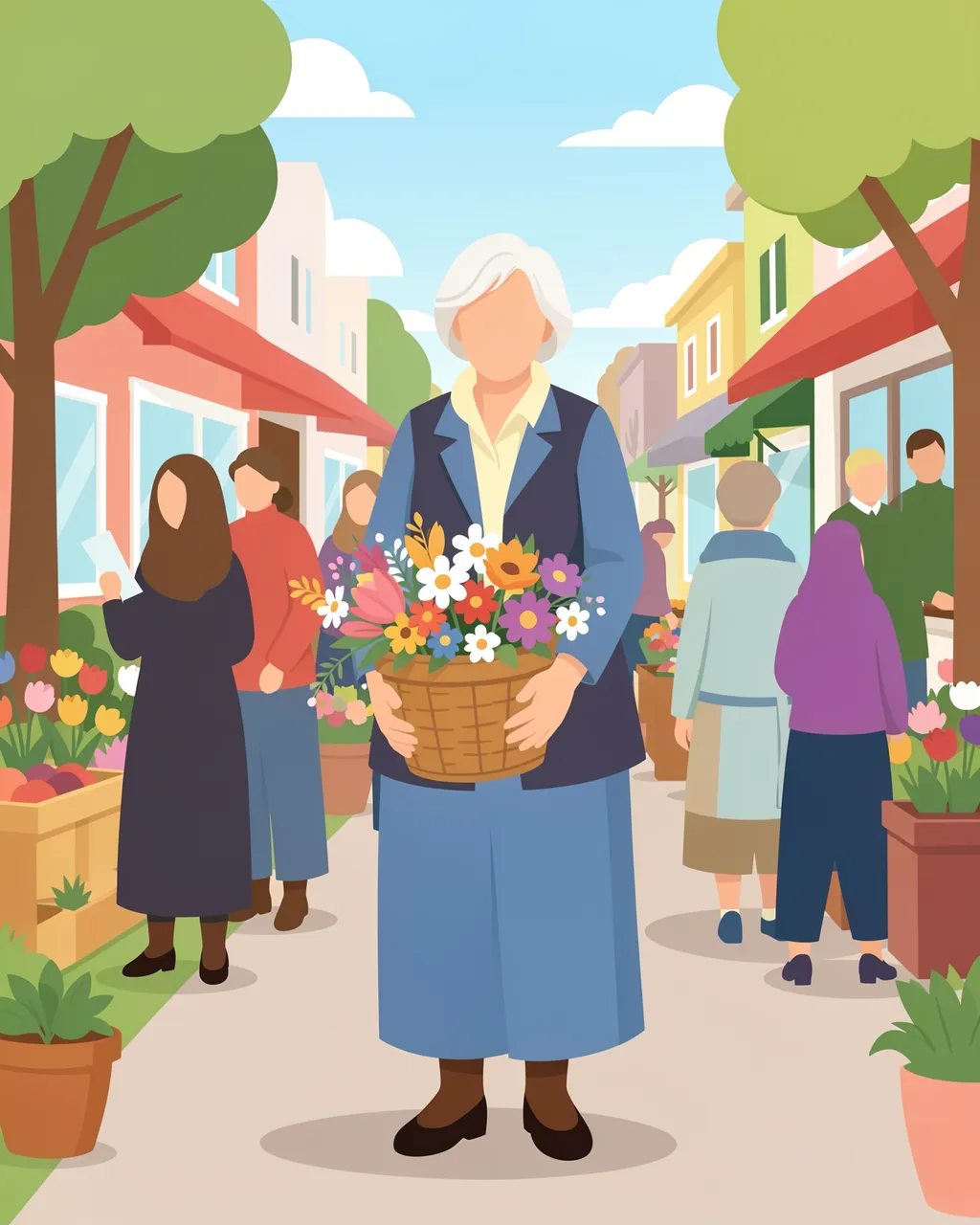 Faceless senior woman holds a flower basket on a sunny spring street market lined with shops and other shoppers