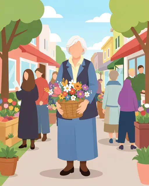 Faceless senior woman holds a flower basket on a sunny spring street market lined with shops and other shoppers