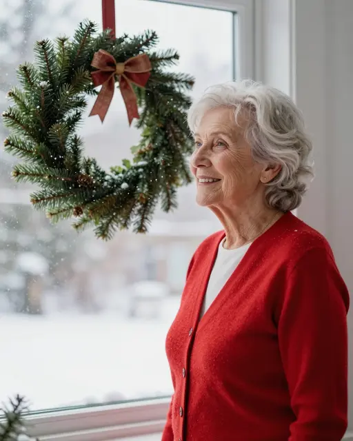 Smiling elderly woman in a red cardigan looks out at falling snow next to a Christmas wreath hung on a window.