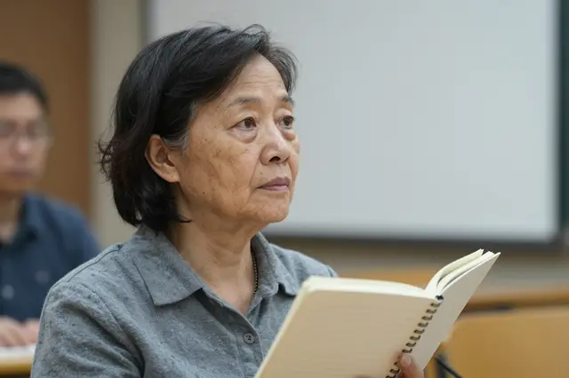 Elderly East Asian woman holds an open notebook while listening closely in a classroom