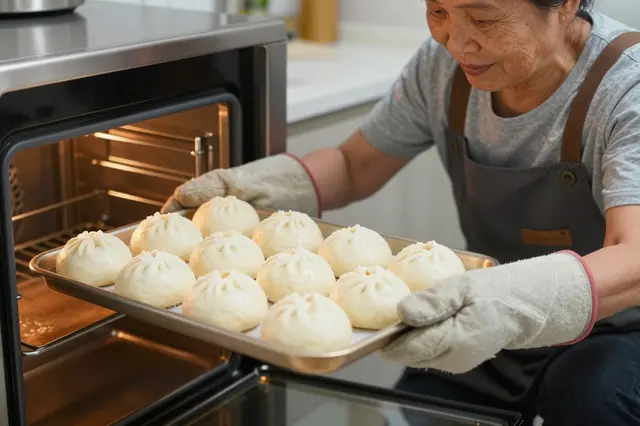 A senior Southeast Asian woman uses oven mitts to pull a tray of fresh coconut buns from a warm lit oven in a kitchen.