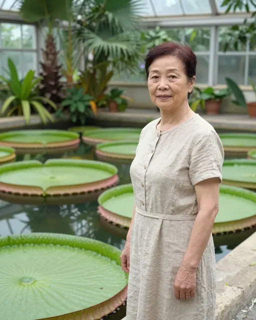 An East Asian woman in her seventies stands beside giant water lily pads in a glasshouse pond