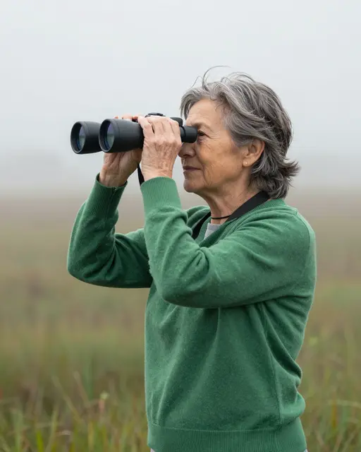 Side view of an older woman in a green sweater using binoculars in a misty grassy marsh