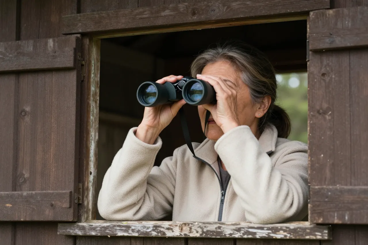 Older woman in a beige fleece looks through binoculars from a wooden bird hide window