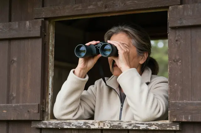 Older woman in a beige fleece looks through binoculars from a wooden bird hide window