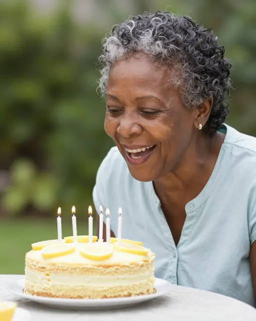 Laughing senior Black woman prepares to blow out lit candles on a lemon cake at an outdoor garden table