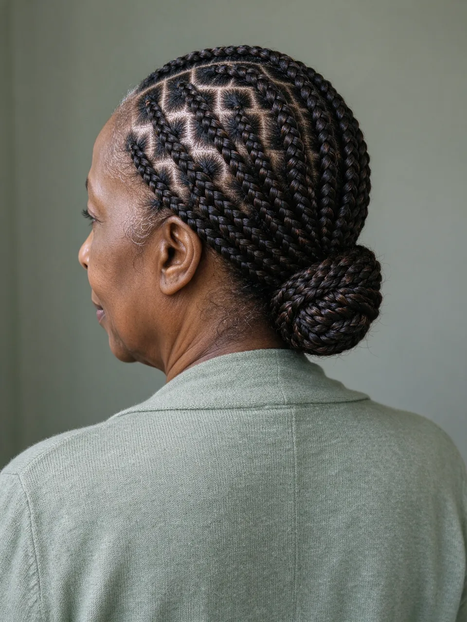 Rear three-quarter view of a senior Black woman showing her box braid low bun hairstyle, wearing a sage cardigan