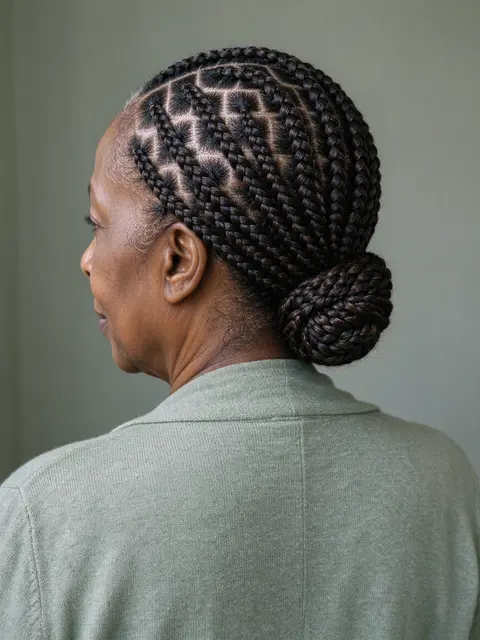 Rear three-quarter view of a senior Black woman showing her box braid low bun hairstyle, wearing a sage cardigan