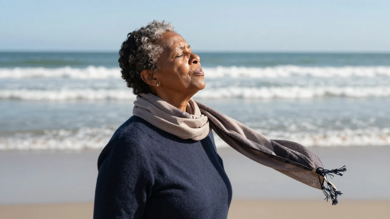 Side profile of a Black senior woman with closed eyes breathing in fresh beach air on a windy sunny shore