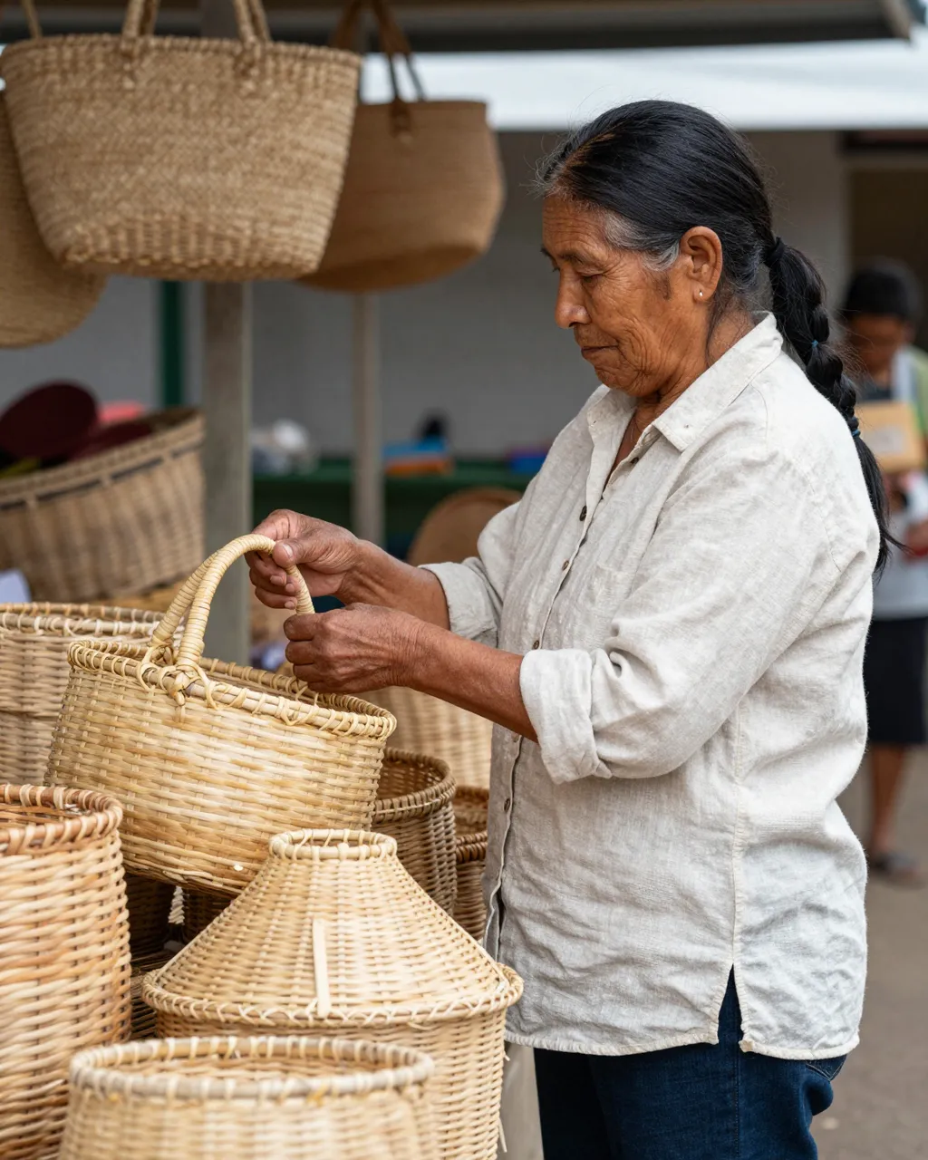 Older Indigenous woman in a linen shirt examines woven baskets at an outdoor village market stall