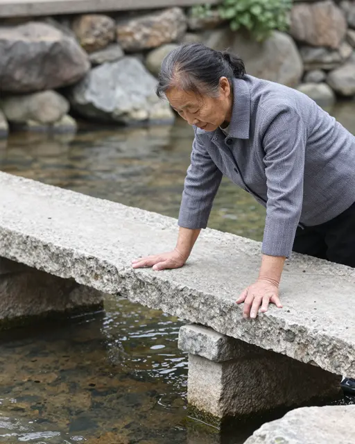 Elderly East Asian woman leans on a small stone footbridge, looking thoughtfully down at the stream water below.