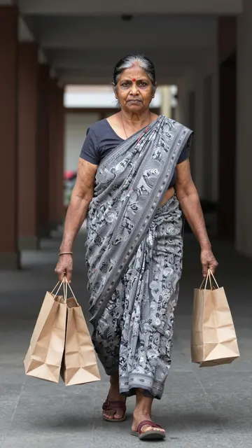 South Asian senior woman in a sari walks through a covered arcade holding plain brown paper shopping bags