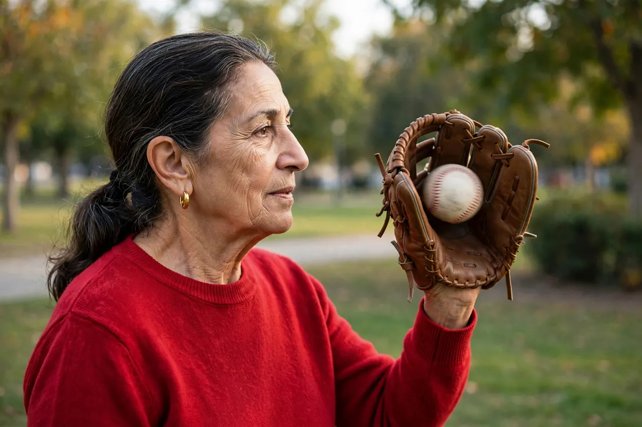 Side view of a senior woman in a red sweater catching a baseball in a glove in a park