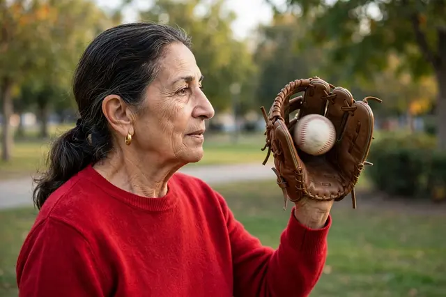 Side view of a senior woman in a red sweater catching a baseball in a glove in a park