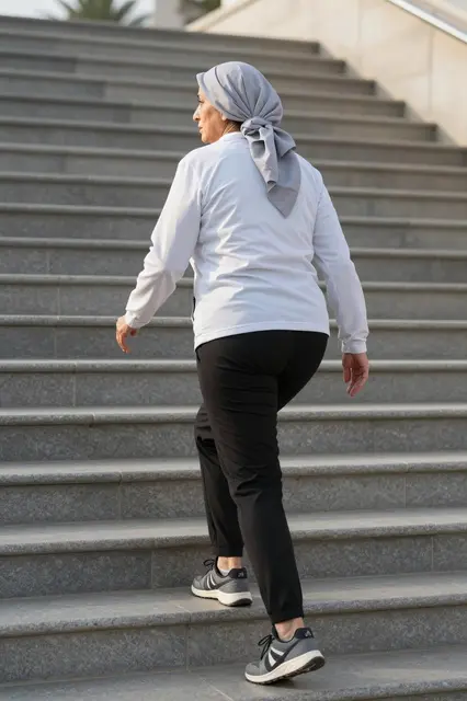 Older Middle Eastern woman in athletic wear climbs outdoor stone stairs during a morning workout, viewed from behind.