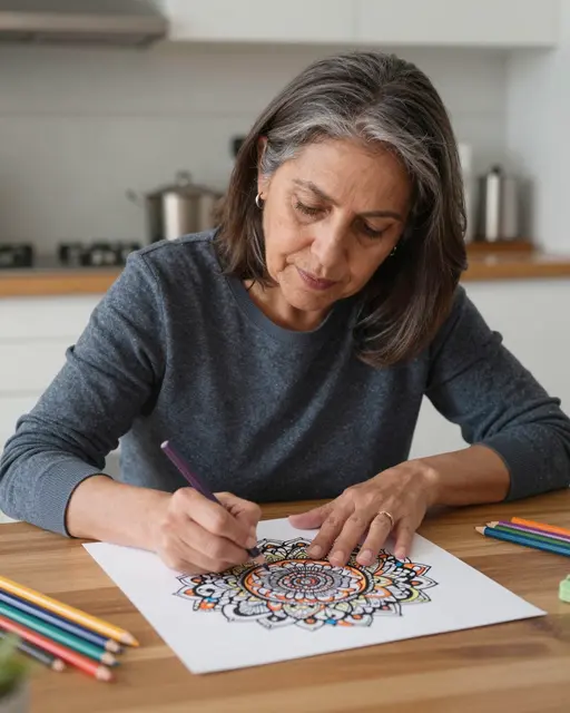 Mature woman in her sixties colors an intricate mandala with colored pencils at a wooden kitchen table.