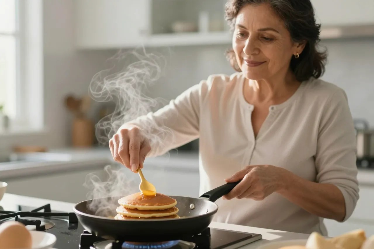 Older woman adds syrup to pancakes in a frying pan in a sunny kitchen with rising steam