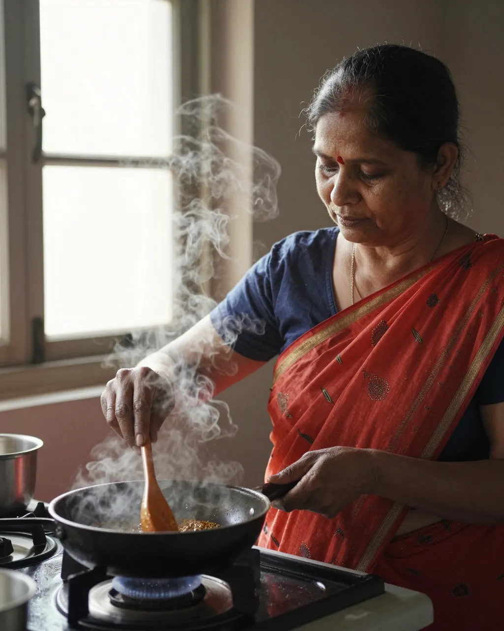 A South Asian senior woman stirs tempering spices in a pan as steam rises near a sunlit kitchen window.