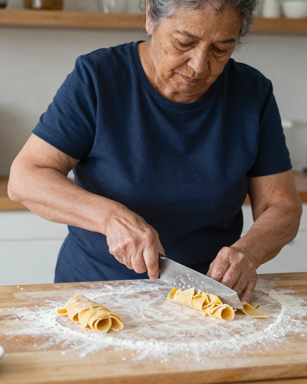 Elderly Latina woman in a navy t-shirt cuts fresh ribbon pasta on a floured wooden board in a kitchen