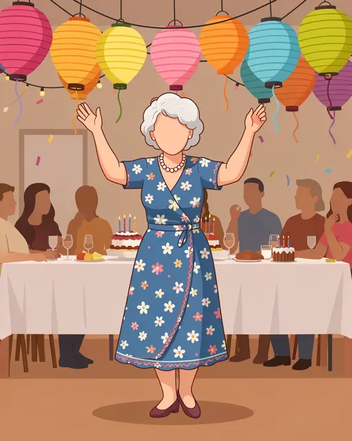 Faceless senior woman dances at a birthday celebration under colorful paper lanterns with seated guests behind a party table