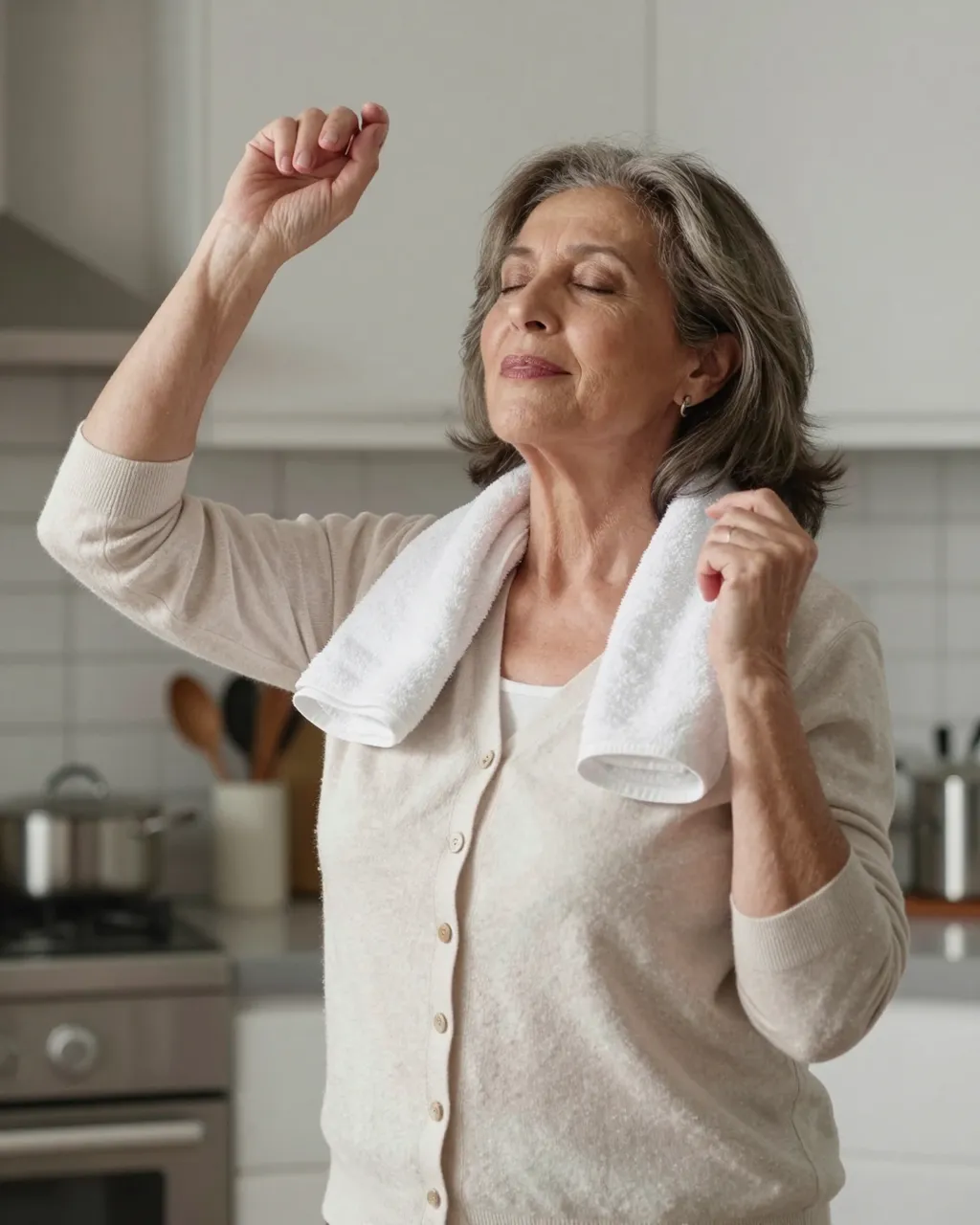 Older woman with closed eyes sways to music, towel draped over her shoulders in a bright kitchen