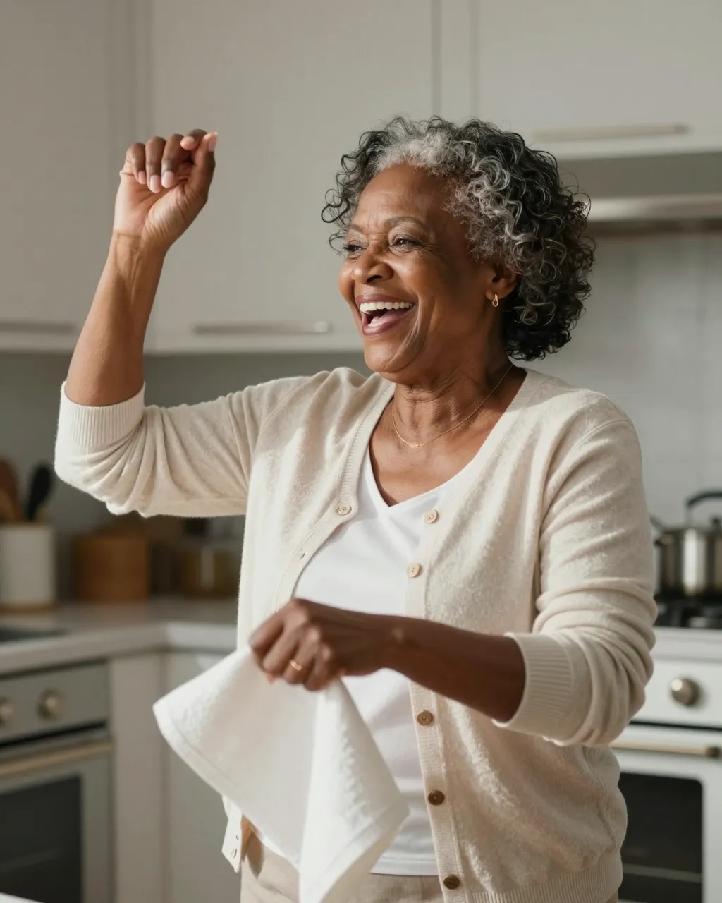 Laughing older Black woman dances with a dish towel in a bright modern kitchen