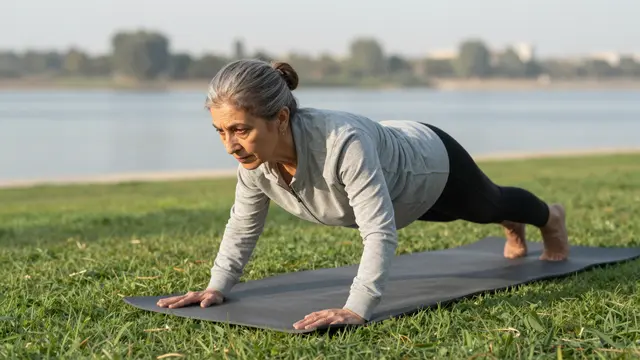 Older woman performing a plank exercise on a yoga mat on a grassy riverside lawn in morning light