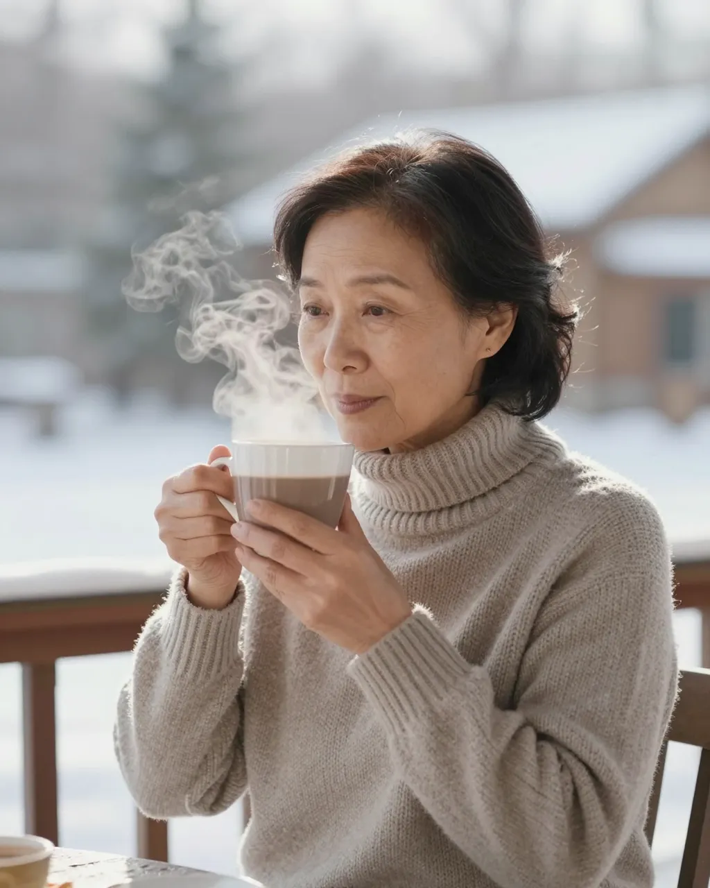 A senior Southeast Asian woman holds a steaming mug of cocoa on a sunlit snowy winter porch