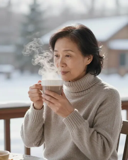 A senior Southeast Asian woman holds a steaming mug of cocoa on a sunlit snowy winter porch