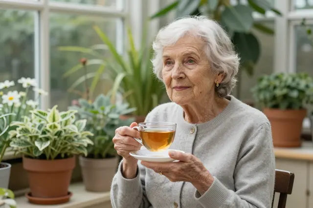 Elderly woman holds a cup of tea while seated among potted plants in a sunlit conservatory