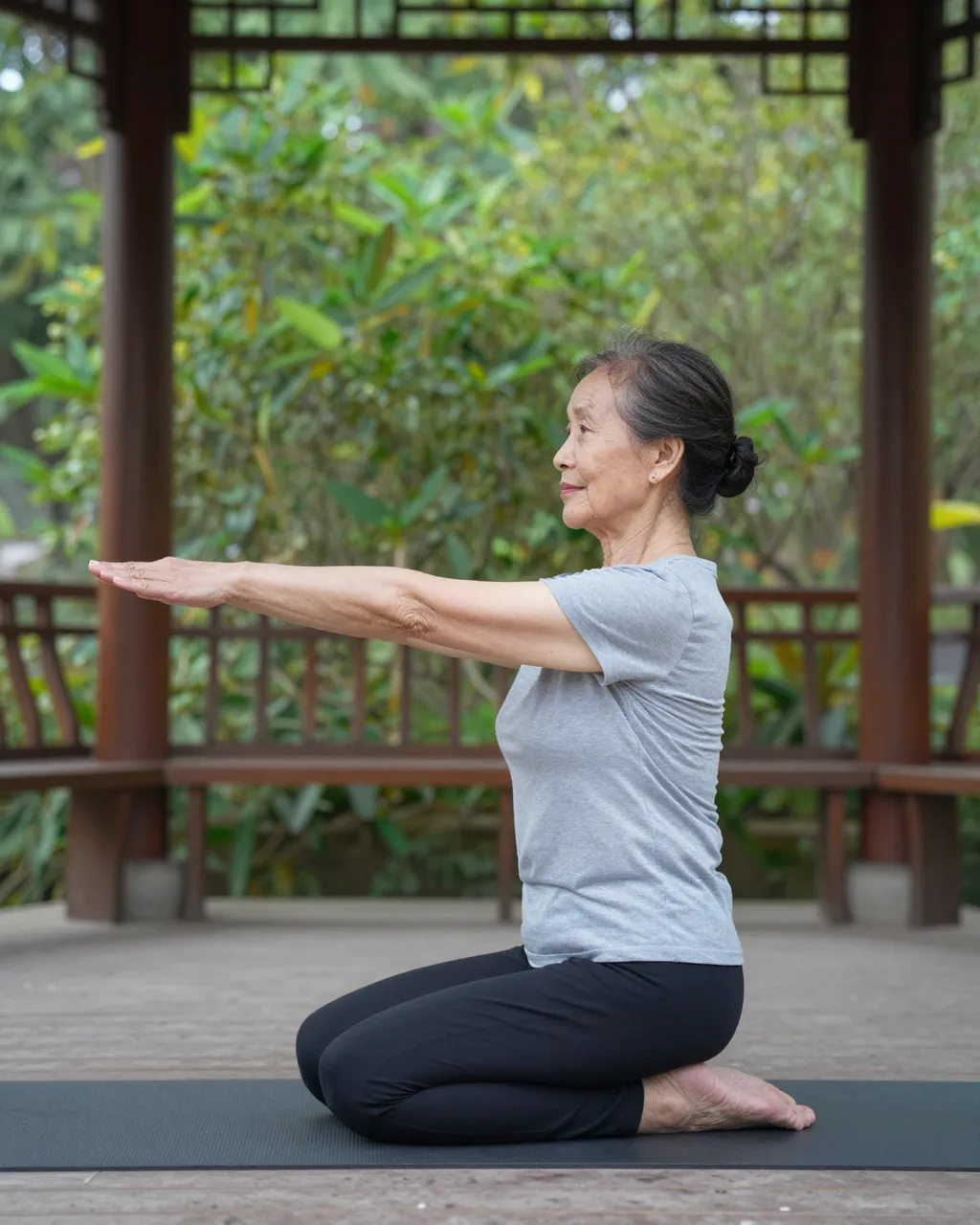 Side view of an older East Asian woman doing seated stretching on a yoga mat in a wooden garden gazebo