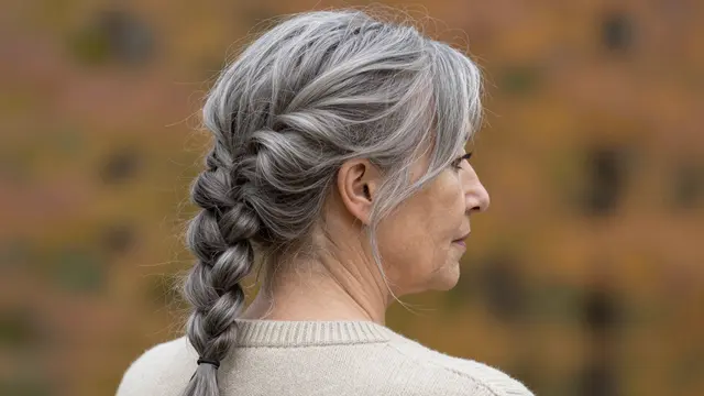 Profile view of a senior woman with a messy ash grey braid standing in soft autumn light