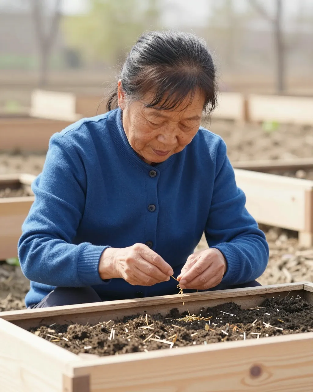 East Asian senior woman in a blue cardigan sowing seeds into a wooden raised garden bed on a bright spring day