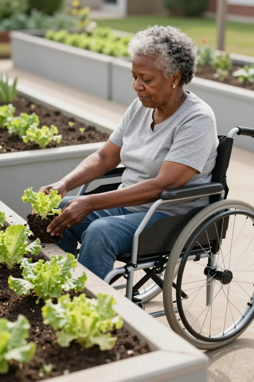 Elderly Black woman in a wheelchair plants lettuce seedlings in an accessible raised garden bed in morning light.