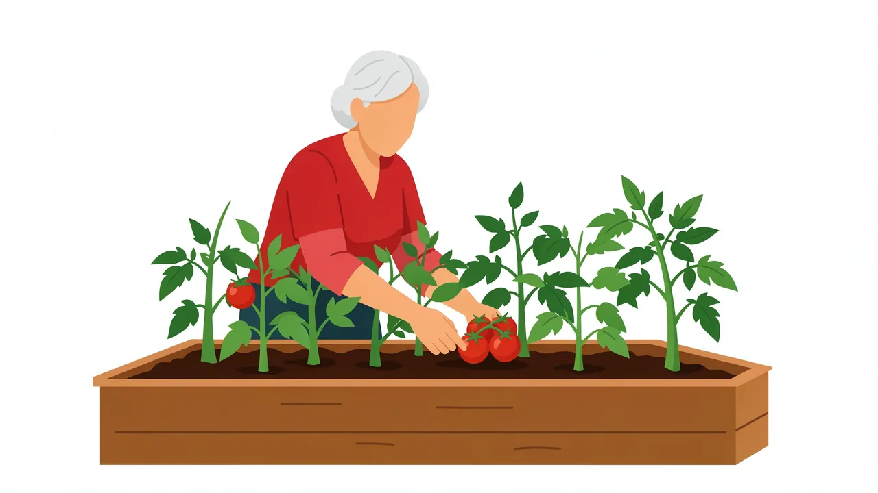 Faceless senior woman tends tomato plants in a wooden raised garden bed