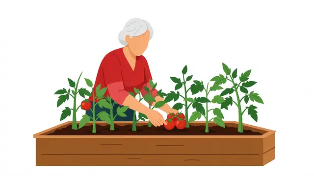 Faceless senior woman tends tomato plants in a wooden raised garden bed