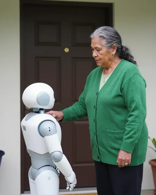 An older woman in a green cardigan stands on her front porch interacting with a small white humanoid robot.