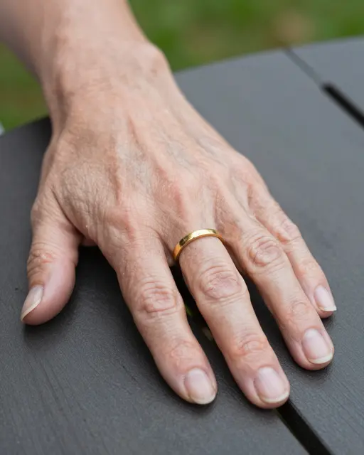 Close-up of an older woman's hand with a worn gold wedding band resting on a dark garden table