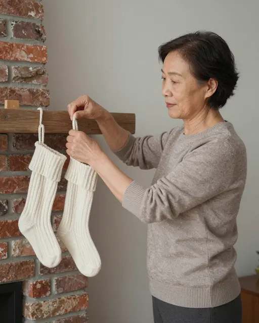 East Asian woman in her sixties hangs knit stockings on a brick fireplace mantel